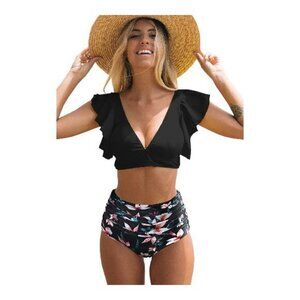 Black Ruffle High Waist Swimsuit Push-Up Tropical Print Bikini Size Large NWT